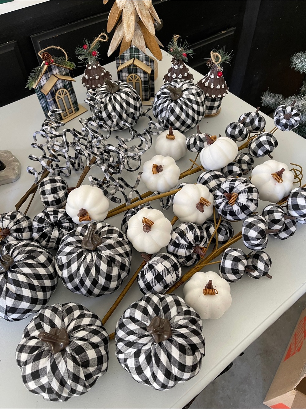 Black & White Buffalo Check Pumpkin and Berry Stem Décor - Home Party Supplies